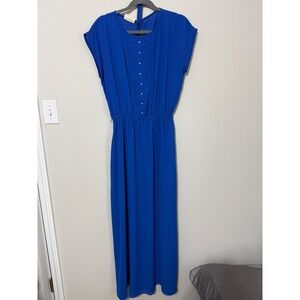 Coco California Vintage Royal Blue Chiffon Maxi Dress Pearl Button Pin Tuck 12‎